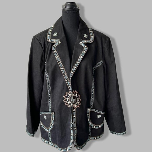 Vintage ANN CARSON Linen Blend Denim Embroidered Sequins  Western Jacket - Picture 1 of 16